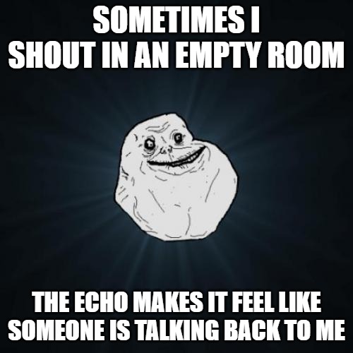 Forever Alone | SOMETIMES I SHOUT IN AN EMPTY ROOM; THE ECHO MAKES IT FEEL LIKE SOMEONE IS TALKING BACK TO ME | image tagged in memes,forever alone | made w/ Imgflip meme maker