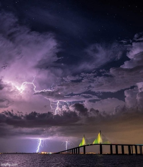 Lightning storm by the Skyway Bridge, St. Petersburg, Fl. | image tagged in lightning,storm,florida,bridge,awesome,photography | made w/ Imgflip meme maker