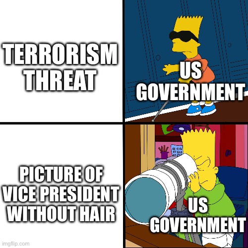 Blind Bart | TERRORISM THREAT; US GOVERNMENT; PICTURE OF VICE PRESIDENT WITHOUT HAIR; US GOVERNMENT | image tagged in blind bart | made w/ Imgflip meme maker
