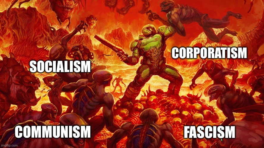 Doomguy | CORPORATISM; SOCIALISM; COMMUNISM; FASCISM | image tagged in doomguy | made w/ Imgflip meme maker