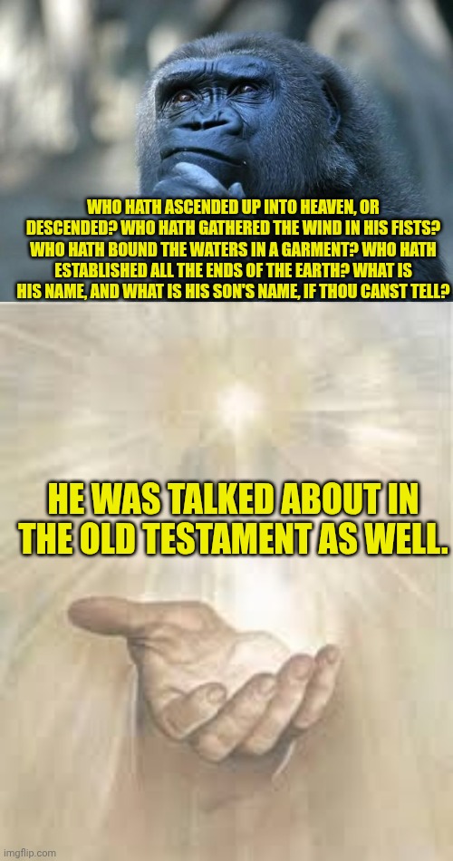 WHO HATH ASCENDED UP INTO HEAVEN, OR DESCENDED? WHO HATH GATHERED THE WIND IN HIS FISTS? WHO HATH BOUND THE WATERS IN A GARMENT? WHO HATH ESTABLISHED ALL THE ENDS OF THE EARTH? WHAT IS HIS NAME, AND WHAT IS HIS SON'S NAME, IF THOU CANST TELL? HE WAS TALKED ABOUT IN THE OLD TESTAMENT AS WELL. | image tagged in deep thoughts,jesus beckoning | made w/ Imgflip meme maker