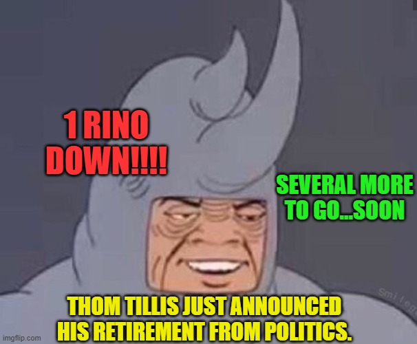 rhino time | 1 RINO DOWN!!!! SEVERAL MORE TO GO...SOON; THOM TILLIS JUST ANNOUNCED HIS RETIREMENT FROM POLITICS. | image tagged in rhino time | made w/ Imgflip meme maker