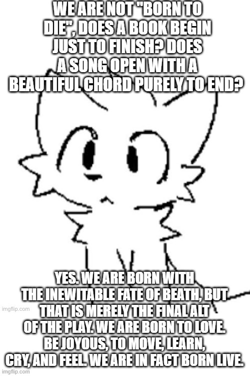 Silly cat #2 | WE ARE NOT "BORN TO DIE", DOES A BOOK BEGIN JUST TO FINISH? DOES A SONG OPEN WITH A BEAUTIFUL CHORD PURELY TO END? YES. WE ARE BORN WITH THE INEWITABLE FATE OF BEATH, BUT THAT IS MERELY THE FINAL ALT OF THE PLAY. WE ARE BORN TO LOVE. BE JOYOUS, TO MOVE, LEARN, CRY, AND FEEL. WE ARE IN FACT BORN LIVE. | image tagged in silly cat 2 | made w/ Imgflip meme maker
