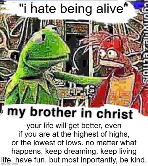 be kind in this world. its the only one you have | "i hate being alive"; your life will get better, even if you are at the highest of highs, or the lowest of lows. no matter what happens, keep dreaming. keep living life. have fun. but most inportantly, be kind. | image tagged in my brother in christ | made w/ Imgflip meme maker