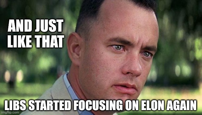 Forest Gump | AND JUST LIKE THAT LIBS STARTED FOCUSING ON ELON AGAIN | image tagged in forest gump | made w/ Imgflip meme maker