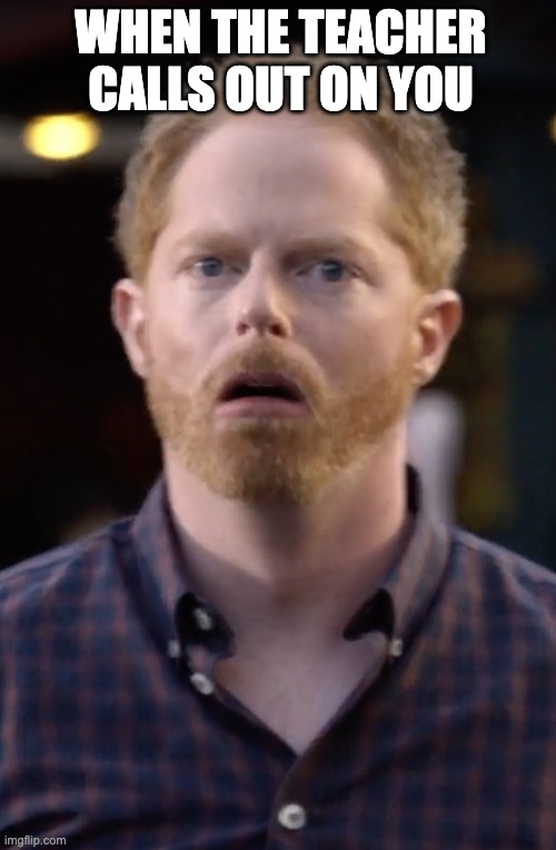 traumatised Mitchell | WHEN THE TEACHER CALLS OUT ON YOU | image tagged in traumatised mitchell | made w/ Imgflip meme maker