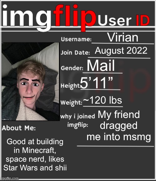 imgflip User ID | Virian; August 2022; Mail; 5’11”; ~120 lbs; My friend dragged me into msmg; Good at building in Minecraft, space nerd, likes Star Wars and shii | image tagged in imgflip user id | made w/ Imgflip meme maker