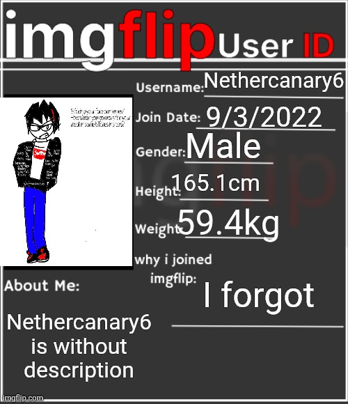imgflip User ID | Nethercanary6; 9/3/2022; Male; 165.1cm; 59.4kg; I forgot; Nethercanary6 is without description | image tagged in imgflip user id | made w/ Imgflip meme maker