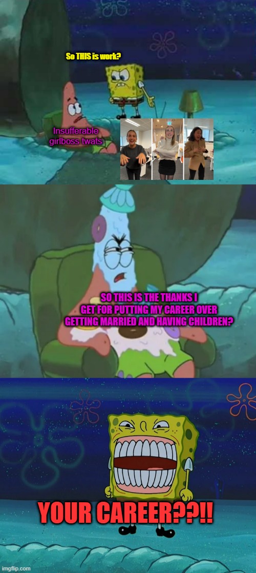 Feminism fatigue | So THIS is work? Insufferable girlboss twats; SO THIS IS THE THANKS I GET FOR PUTTING MY CAREER OVER GETTING MARRIED AND HAVING CHILDREN? YOUR CAREER??!! | image tagged in memes,spongebob,patrick star,women,career,feminism | made w/ Imgflip meme maker