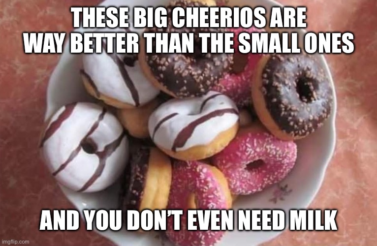 Cheerios | THESE BIG CHEERIOS ARE WAY BETTER THAN THE SMALL ONES; AND YOU DON’T EVEN NEED MILK | image tagged in cheerios,milk,donuts | made w/ Imgflip meme maker