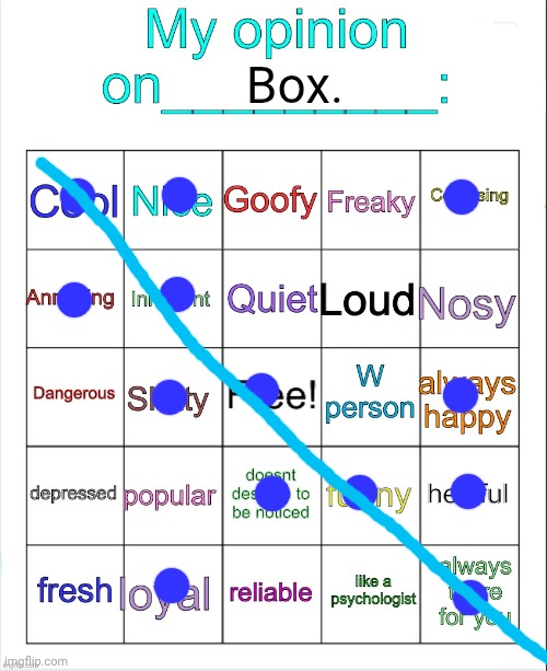 My opinion on ___ bingo by owu | Box. | image tagged in my opinion on ___ bingo by owu | made w/ Imgflip meme maker