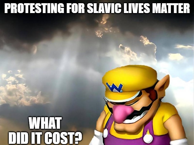 What cost wario | PROTESTING FOR SLAVIC LIVES MATTER; WHAT DID IT COST? | image tagged in what cost wario,slavic lives matter | made w/ Imgflip meme maker