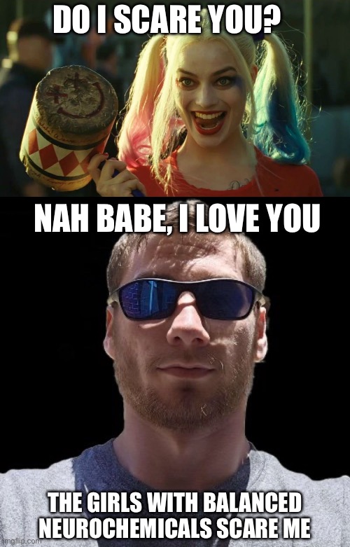 Scary girls | DO I SCARE YOU? NAH BABE, I LOVE YOU; THE GIRLS WITH BALANCED NEUROCHEMICALS SCARE ME | image tagged in harley quinn hammer,my reaction to that information,scary,mental illness,chemicals,crazy girlfriend | made w/ Imgflip meme maker