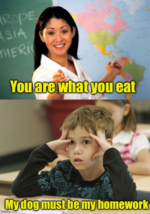 My dog ate my homework | You are what you eat; My dog must be my homework | image tagged in memes,unhelpful high school teacher,confused student | made w/ Imgflip meme maker