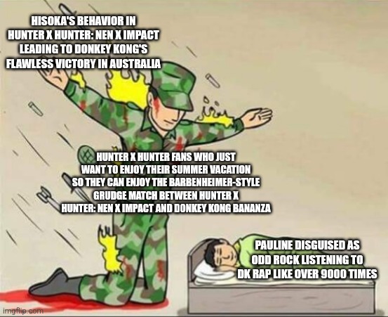 Soldier protecting sleeping child | HISOKA'S BEHAVIOR IN HUNTER X HUNTER: NEN X IMPACT LEADING TO DONKEY KONG'S FLAWLESS VICTORY IN AUSTRALIA; HUNTER X HUNTER FANS WHO JUST WANT TO ENJOY THEIR SUMMER VACATION SO THEY CAN ENJOY THE BARBENHEIMER-STYLE GRUDGE MATCH BETWEEN HUNTER X HUNTER: NEN X IMPACT AND DONKEY KONG BANANZA; PAULINE DISGUISED AS ODD ROCK LISTENING TO DK RAP LIKE OVER 9000 TIMES | image tagged in soldier protecting sleeping child,dk rap,summer vacation,hunter x hunter,australia,donkey kong | made w/ Imgflip meme maker