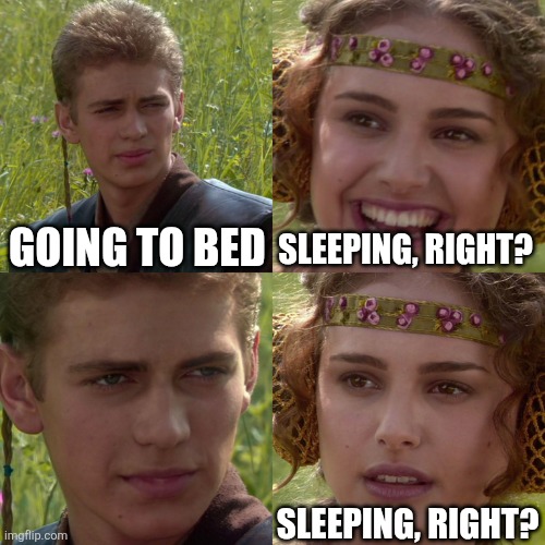 Nope, gonna scroll, maybe game a little til 1am | GOING TO BED; SLEEPING, RIGHT? SLEEPING, RIGHT? | image tagged in anakin padme 4 panel,memes | made w/ Imgflip meme maker