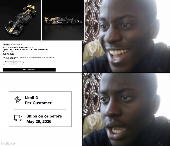 F1 the movie car | image tagged in black man happy sad | made w/ Imgflip meme maker
