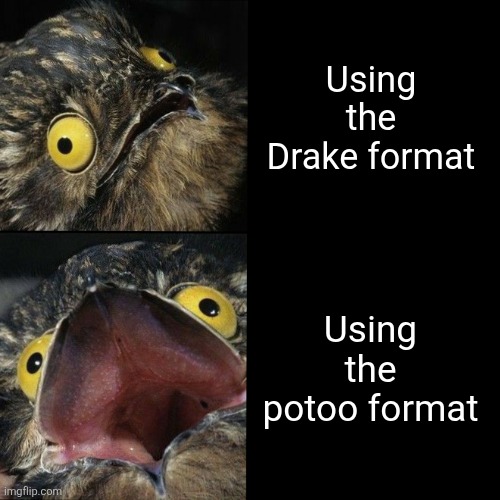 Potoo Format | Using the Drake format; Using the potoo format | image tagged in potoo format | made w/ Imgflip meme maker