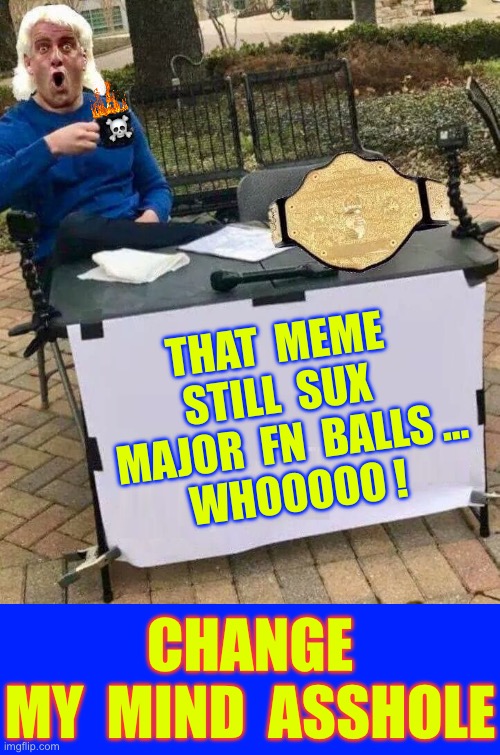 THAT SUX MAJOR BALLS !!!  : ) | ☠️; THAT  MEME 
STILL  SUX  
MAJOR  FN  BALLS …
WHOOOOO ! CHANGE
MY  MIND  ASSHOLE | image tagged in ric flair change my mind blank | made w/ Imgflip meme maker