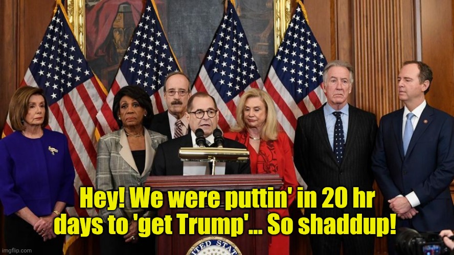House Democrats | Hey! We were puttin' in 20 hr days to 'get Trump'... So shaddup! | image tagged in house democrats | made w/ Imgflip meme maker