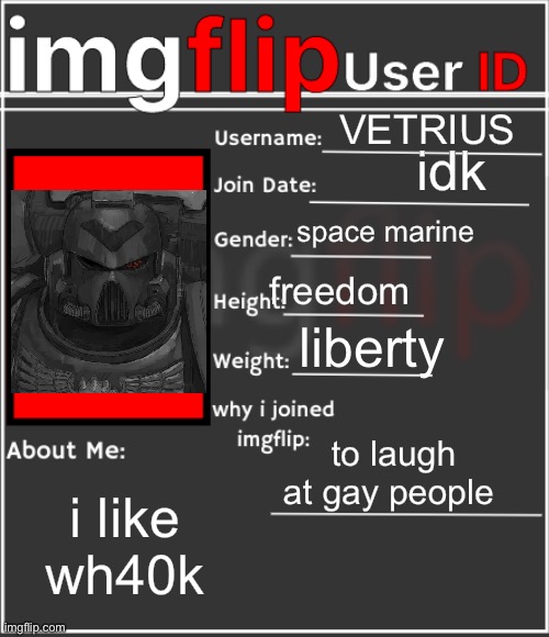 this me | VETRIUS; idk; space marine; freedom; liberty; to laugh at gay people; i like wh40k | image tagged in imgflip user id | made w/ Imgflip meme maker