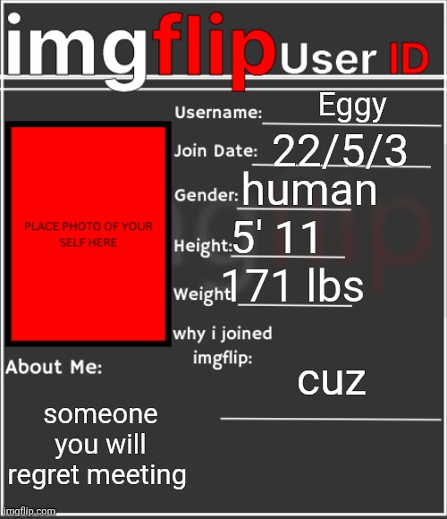 h | Eggy; 22/5/3; human; 5' 11; 171 lbs; cuz; someone you will regret meeting | image tagged in imgflip user id | made w/ Imgflip meme maker