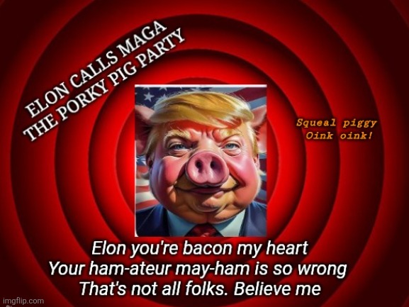 Don't go bacon my heart ~ Elon | image tagged in donald trump,elon musk,maga,mayhem,porky pig | made w/ Imgflip meme maker