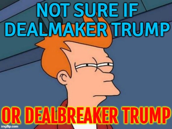Not Sure If Dealmaker Trump; Or Dealbreaker Trump | NOT SURE IF
DEALMAKER TRUMP; OR DEALBREAKER TRUMP | image tagged in fry is not sure,iran,nuclear power,world war 3,donald trump,donald trump is an idiot | made w/ Imgflip meme maker