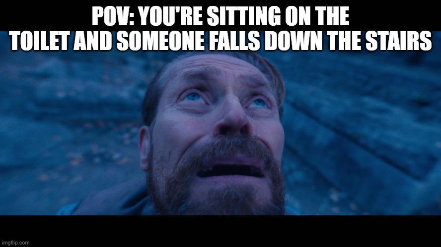 willem dafoe looking up | POV: YOU'RE SITTING ON THE TOILET AND SOMEONE FALLS DOWN THE STAIRS | image tagged in willem dafoe looking up | made w/ Imgflip meme maker