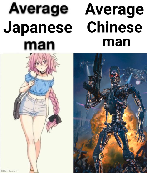 Japanese Man vs Chinese man | image tagged in japan,femboy,china,terminator,robot,memes | made w/ Imgflip meme maker