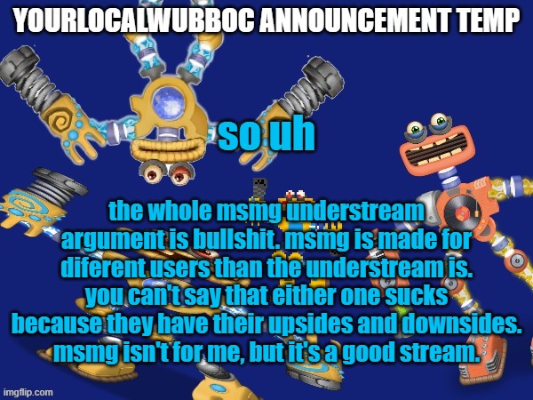 elo | so uh; the whole msmg understream argument is bullshit. msmg is made for diferent users than the understream is. you can't say that either one sucks because they have their upsides and downsides. msmg isn't for me, but it's a good stream. | image tagged in yourlocalwubboc announcement temp | made w/ Imgflip meme maker