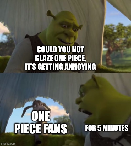 Could you not ___ for 5 MINUTES | COULD YOU NOT GLAZE ONE PIECE, IT’S GETTING ANNOYING; ONE PIECE FANS; FOR 5 MINUTES | image tagged in could you not ___ for 5 minutes,one piece,anime,shrek,dreamworks | made w/ Imgflip meme maker