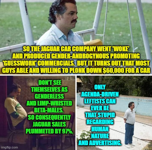It's as if they gutted the famous car company on purpose. | ONLY AGENDA-DRIVEN LEFTISTS CAN EVER BE THAT STUPID REGARDING HUMAN NATURE AND ADVERTISING. SO THE JAGUAR CAR COMPANY WENT 'WOKE' AND PRODUCED GENDER-ANDROGYNOUS PROMOTING 'GUESSWORK' COMMERCIALS.  BUT IT TURNS OUT THAT MOST GUYS ABLE AND WILLING TO PLONK DOWN $60,000 FOR A CAR; DON'T SEE THEMSELVES AS GENDERLESS AND LIMP-WRISTED BETA-MALES.  SO CONSEQUENTLY JAGUAR SALES PLUMMETED BY 97%. | image tagged in sad pablo escobar | made w/ Imgflip meme maker
