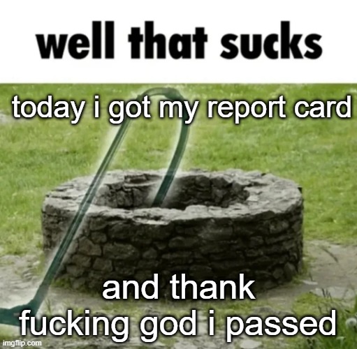 well that sucks | today i got my report card; and thank fucking god i passed | image tagged in well that sucks | made w/ Imgflip meme maker