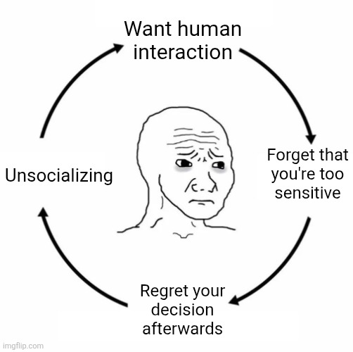 Being me | Want human
interaction; Unsocializing; Forget that
you're too
sensitive; Regret your
decision
afterwards | image tagged in sad wojak cycle,social anxiety,socially awkward,pov | made w/ Imgflip meme maker