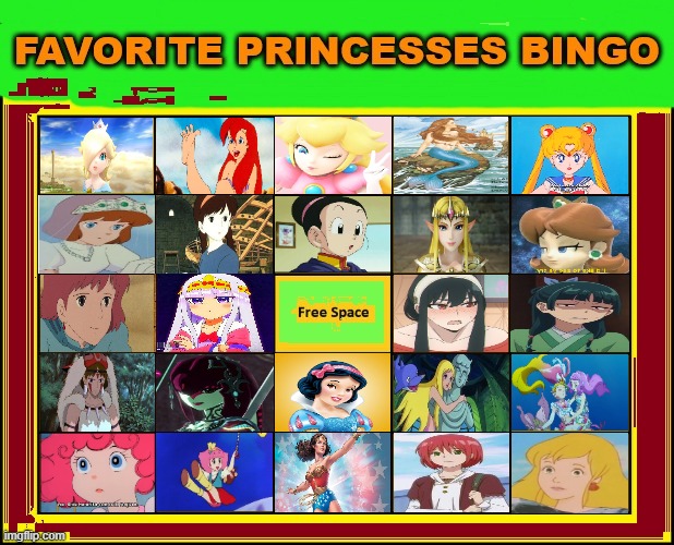 favorite princesses bingo | image tagged in favorite princesses bingo,studio ghibli,the little mermaid,videogames,movies,anime | made w/ Imgflip meme maker