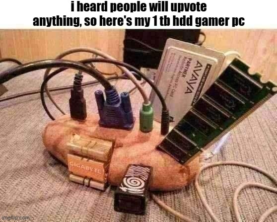 my gamer pc | i heard people will upvote anything, so here's my 1 tb hdd gamer pc | image tagged in potato pc,potato,pc,pc gaming,memes | made w/ Imgflip meme maker