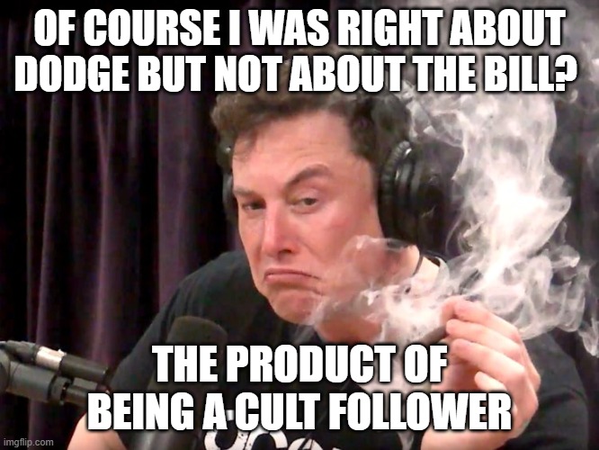 the other country pays our tariffs not us consumers- quote of an IDIOT | OF COURSE I WAS RIGHT ABOUT DODGE BUT NOT ABOUT THE BILL? THE PRODUCT OF BEING A CULT FOLLOWER | image tagged in elon musk weed | made w/ Imgflip meme maker