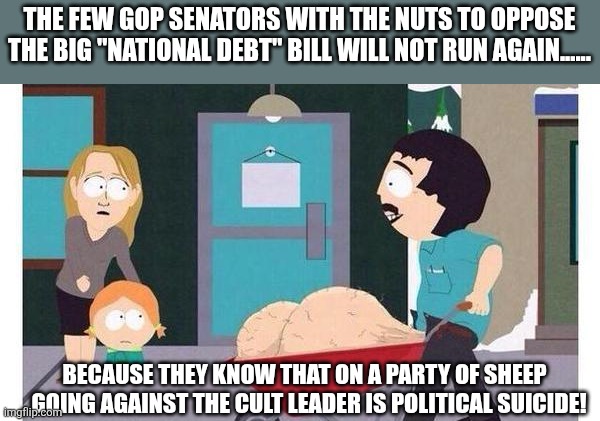 Party of sheep | THE FEW GOP SENATORS WITH THE NUTS TO OPPOSE THE BIG "NATIONAL DEBT" BILL WILL NOT RUN AGAIN...... BECAUSE THEY KNOW THAT ON A PARTY OF SHEEP , GOING AGAINST THE CULT LEADER IS POLITICAL SUICIDE! | image tagged in donald trump,trump,maga,conservative,nevertrump,trump sucks | made w/ Imgflip meme maker