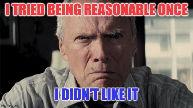 Reasonable | I TRIED BEING REASONABLE ONCE; I DIDN'T LIKE IT | image tagged in clint eastwood,funny memes | made w/ Imgflip meme maker
