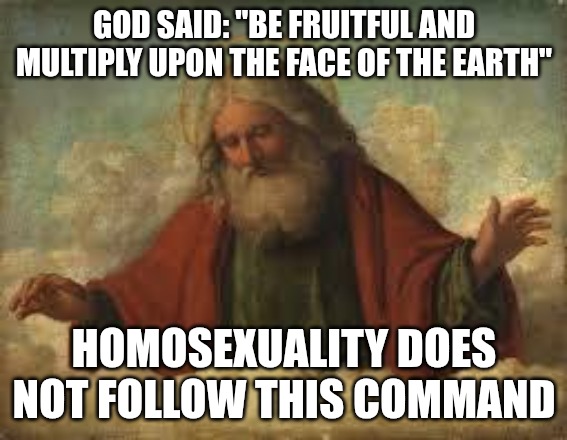 God gave us a command. | GOD SAID: "BE FRUITFUL AND MULTIPLY UPON THE FACE OF THE EARTH"; HOMOSEXUALITY DOES NOT FOLLOW THIS COMMAND | image tagged in god,homosexuality,sin,christians | made w/ Imgflip meme maker
