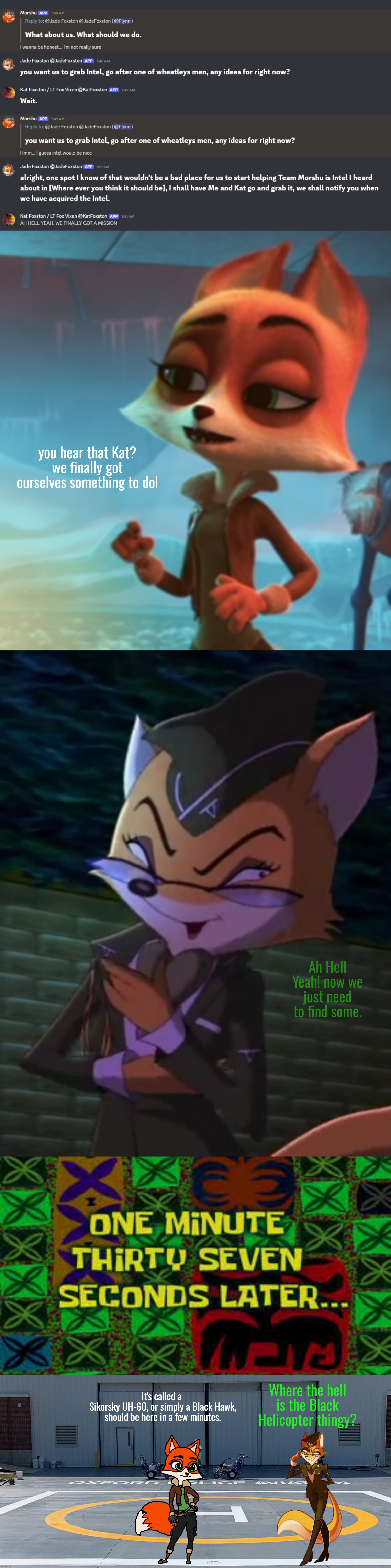 Jade and LT Fox Vixen's first mission from Morshu (part 1) | it's called a 
Sikorsky UH-60, or simply a Black Hawk, should be here in a few minutes. Where the hell is the Black Helicopter thingy? | image tagged in team whiskey,side quest | made w/ Imgflip meme maker