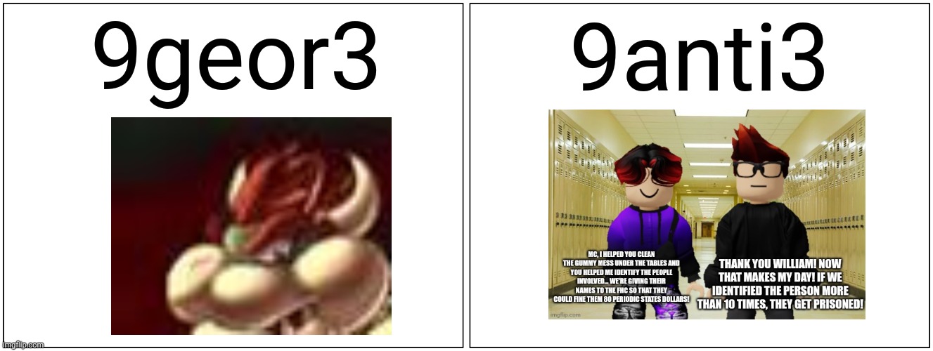 What came first? | 9geor3; 9anti3 | image tagged in memes,blank comic panel 2x1,modbot | made w/ Imgflip meme maker