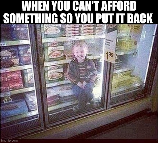 When You Can't Afford Something So You Put It Back | WHEN YOU CAN'T AFFORD SOMETHING SO YOU PUT IT BACK | image tagged in kid in freezer | made w/ Imgflip meme maker