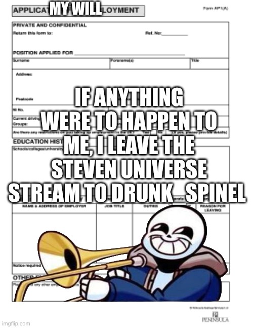Blank job application. | MY WILL; IF ANYTHING WERE TO HAPPEN TO ME, I LEAVE THE STEVEN UNIVERSE STREAM TO DRUNK_SPINEL | image tagged in blank job application,sans of topic | made w/ Imgflip meme maker