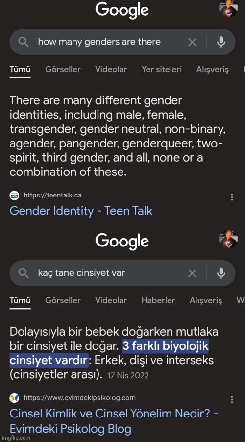 I googled the same question in English then Turkish and got different answers each time | made w/ Imgflip meme maker