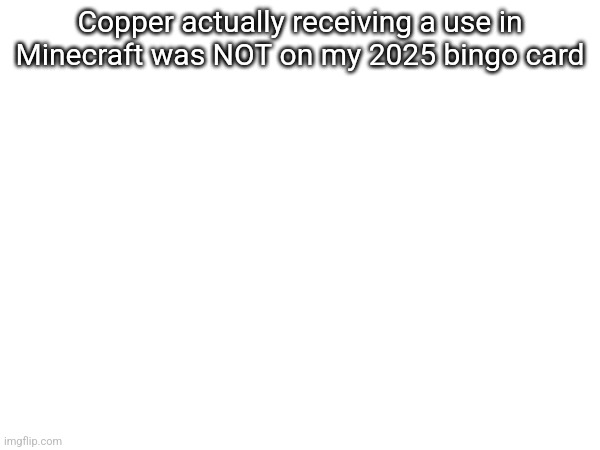 Copper actually receiving a use in Minecraft was NOT on my 2025 bingo card | made w/ Imgflip meme maker