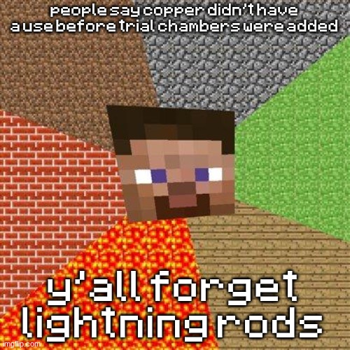 Minecraft Steve | people say copper didn't have a use before trial chambers were added; y'all forget lightning rods | image tagged in minecraft steve | made w/ Imgflip meme maker