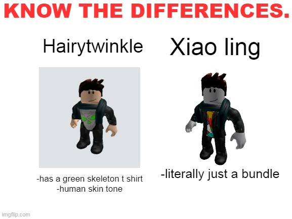 Blank White Template | KNOW THE DIFFERENCES. Xiao ling; Hairytwinkle; -literally just a bundle; -has a green skeleton t shirt
-human skin tone | image tagged in blank white template | made w/ Imgflip meme maker
