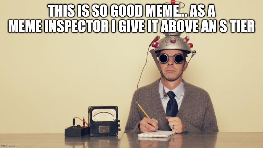 meme inspector | THIS IS SO GOOD MEME... AS A MEME INSPECTOR I GIVE IT ABOVE AN S TIER | image tagged in meme inspector | made w/ Imgflip meme maker